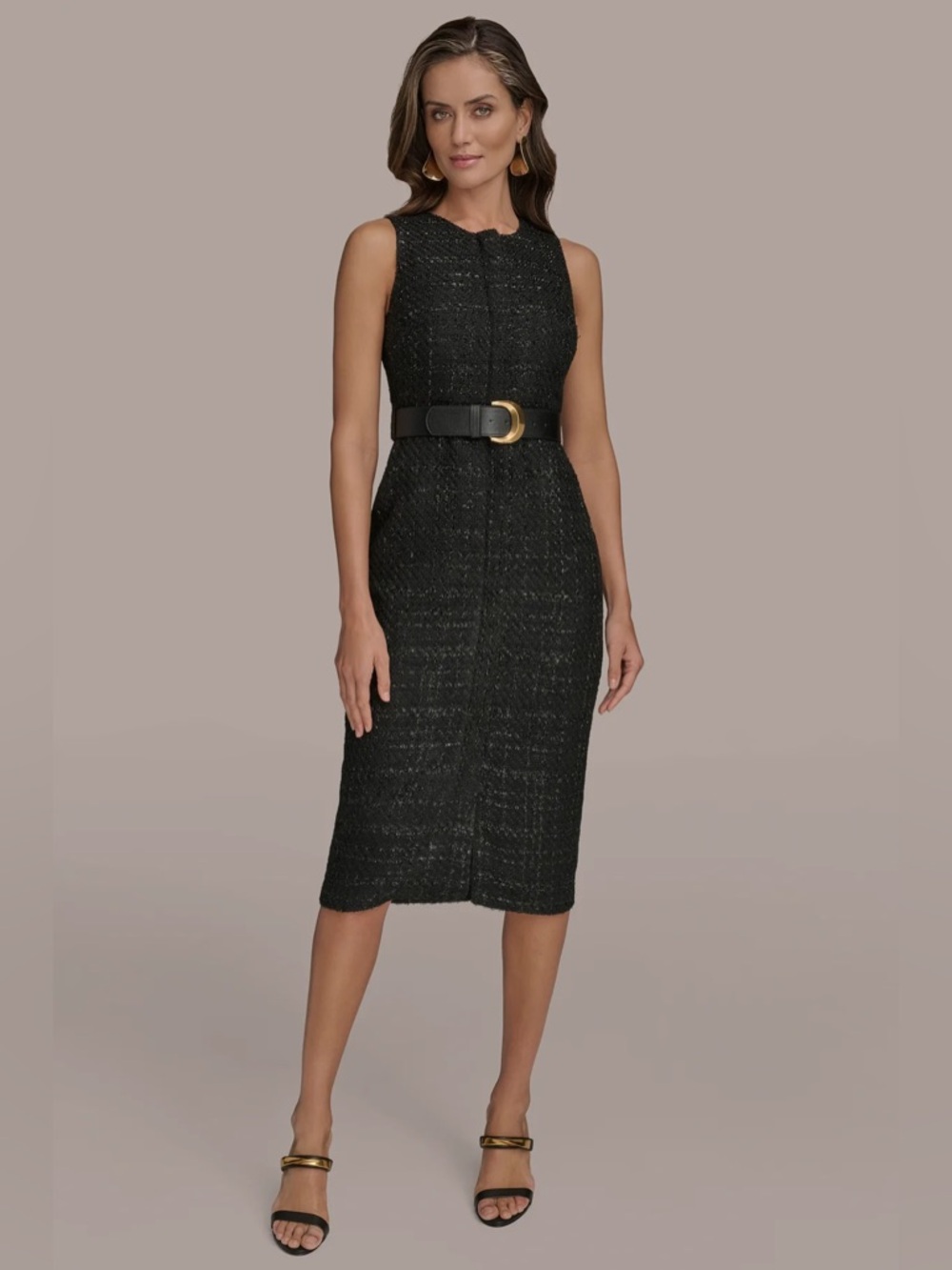 Donna Karan New York Sleeveless Metallic Tweed Midi Sheath Dress Size 10 Black